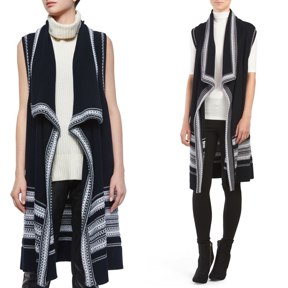 Vince Designer Black & White 100% Cotton Textured Drape-Front Vest Open Cardigan